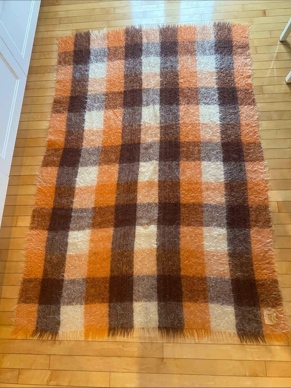 HUDSON’S BAY CO. Mohair Plaid Throw Blanket Fall Orange/Brown/Cream L: 69”x46”
